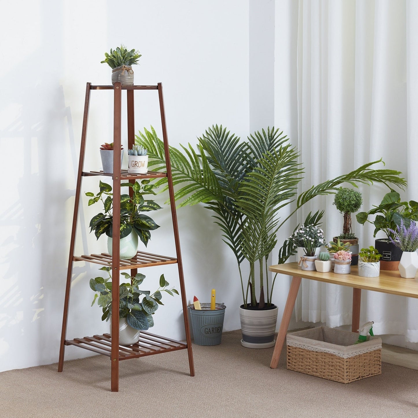 Wooden Flower Stand Plant Frame Balcony Multi-Tier Potted Shelving